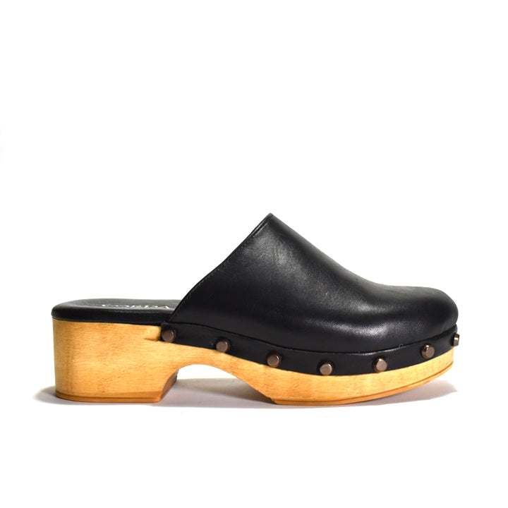 black leather clog