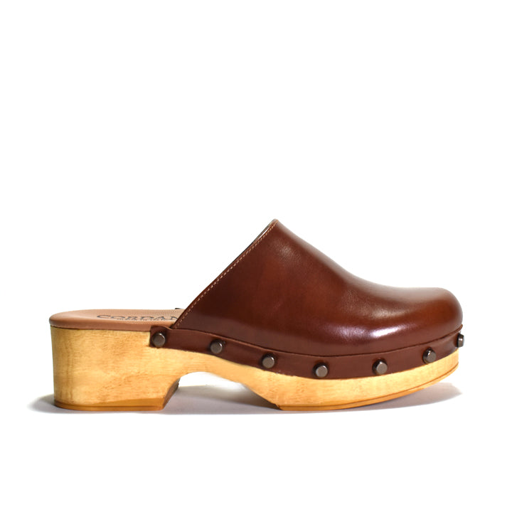 brown leather clog
