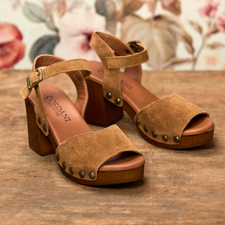 Pair of brown suede sandals with wooden block heels on a wooden surface.