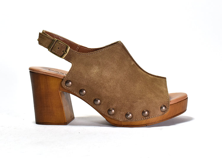 A beige peep-toe slingback heel with stud detail on a wood-like platform, with an adjustable buckle