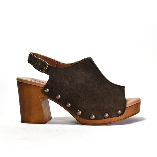 A brown peep-toe slingback heel with stud detail on a wood-like platform, with an adjustable buckle