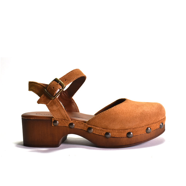 A single brown suede clog sandal with an ankle strap, block heel, and metal studs, shown from a side profile on a white background.