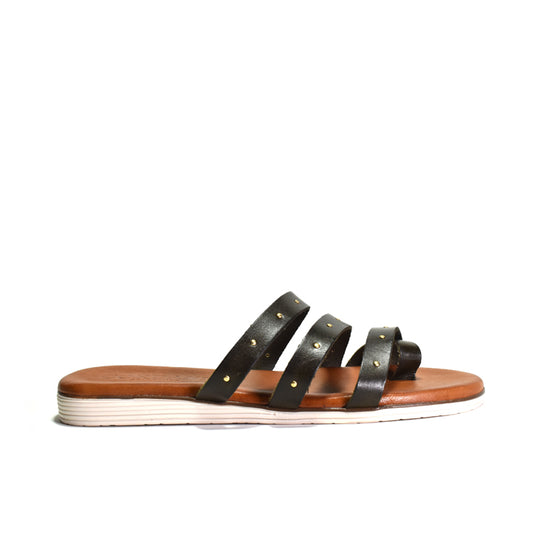 black Triple strap sandal with toe ring and leather foot bed