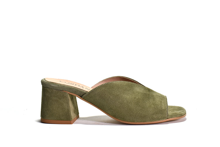Green suede mule sandal with a wrapped block heel and open toe