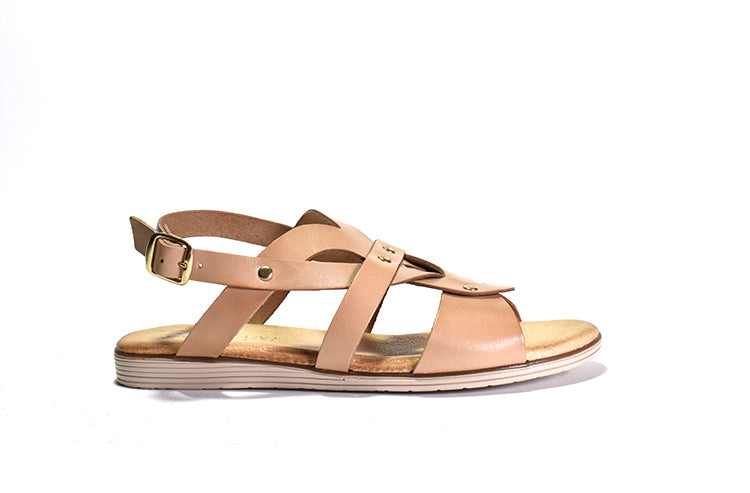 beige Woven strap sandal with sling back on a flexible flat bottom