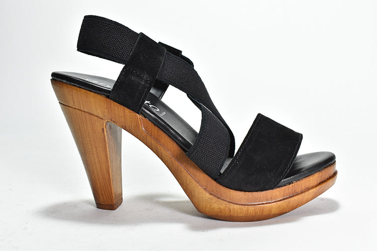 black Criss cross stretch sling back sandal with suede toe strap on wooden heel