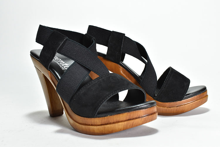 pair of black Criss cross stretch sling back sandal with suede toe strap on wooden heel