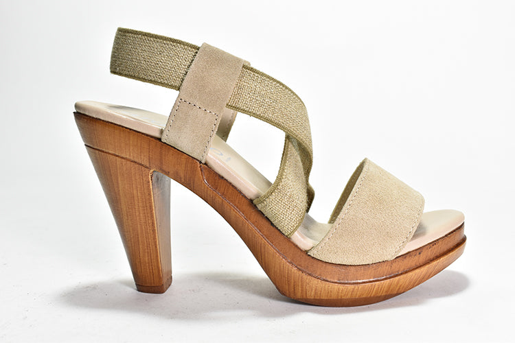 green Criss cross stretch sling back sandal with suede toe strap on wooden heel