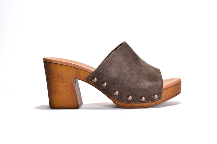grey suede Slip on sandal with stud detail on wood-like platform
