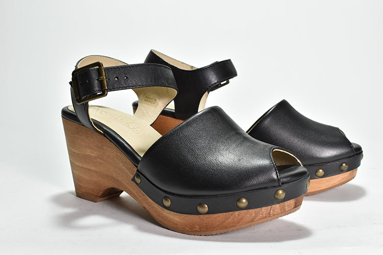 pair of black leather Peep-toe clog sandals with adjustable buckle