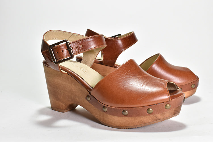 pair of brown leather Peep-toe clog sandal with adjustable buckle