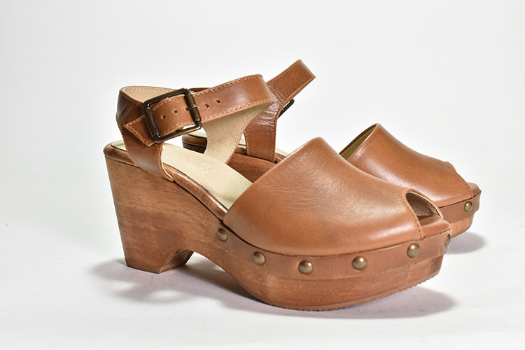 pair of tan leather Peep-toe clog sandal with adjustable buckle